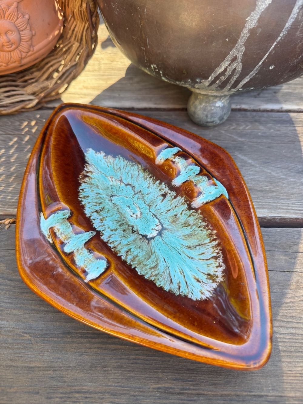 MCM Ceramic Ashtray in Brown with Turquoise Crystalline Center